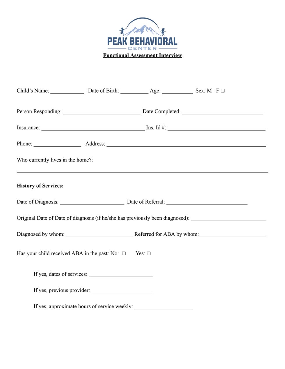 Client Intake Forms | Peak Behavioral Center